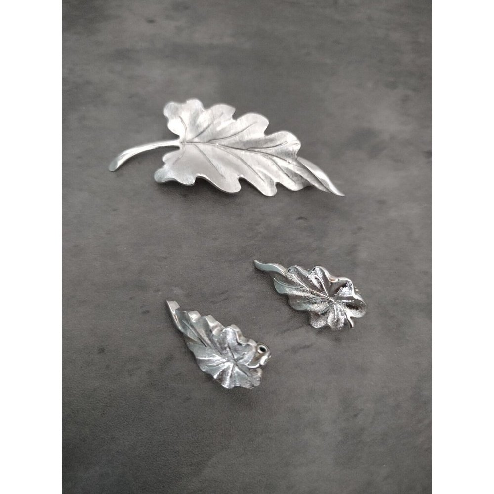 Vintage Monet Brushed Silver Tone Leaf Brooch, Clip On Earrings, Free US Ship